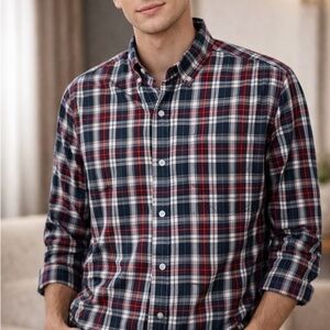 J. Crew Men's Navy and Red Plaid Button Down Shirt Sz L